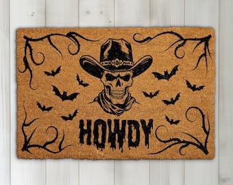 Howdy Skull Cowboy Doormat, Western Halloween Welcome Mat, Gothic Cowboy Front Porch Rug, Spooky Farmhouse Decor, Funny Housewarming Gift