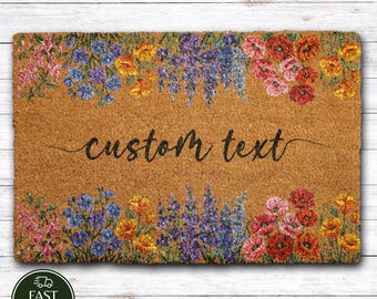 Personalized Wildflowers Doormat, Custom Text Boho Welcome Mat, Botanical Floral New Home Gift