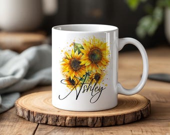 Custom Sunflower Coffee Mug, Personalized Name Floral Cup, Flower Lover Gift, Bright Ceramic Mug