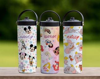Customizable Cartoon Character Matching Insulated Tumblers, Theme Park Kids Vacation Gift Tumbler, Personalized School Water Bottle