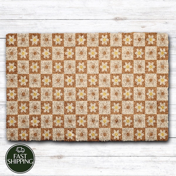 Retro Checkered Daisy Doormat, Floral Brown and Cream Welcome Mat, Modern Boho Home Entryway Mat, Housewarming Gift, Realtor Closing Gift