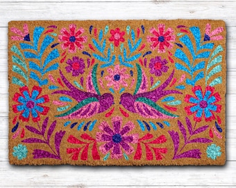 Vibrant Mexican Folk Art Doormat, Colorful Bird and Floral Welcome Mats, Otomi Style Porch Coir Rugs