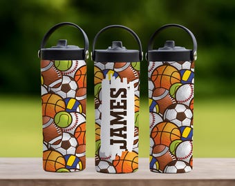 Custom Name Sports Ball Pattern Water Bottle, BPA Free Kids Lunch Box Tumbler With Foldable Straw, Athlete Gift Cup, Sports Lover Gift