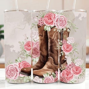Floral Cowgirl Tumbler, Vintage Cowgirl Boots Stainless Steel Tumbler, Cottage Core Rose Design Tumbler With Straw, Western Charming Gift