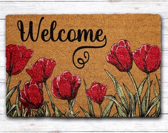 Red Tulips Welcome Doormat, Cottage Style Entrance Rug, Flowers Welcome Mat, Garden Lover Housewarming Gift, Cute Spring Front Porch Decor