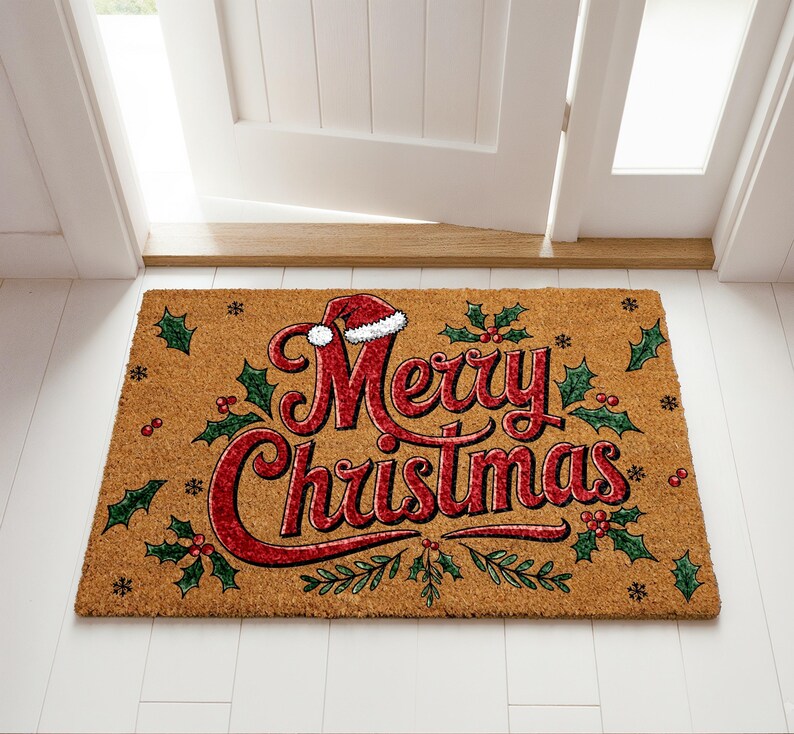 Merry Christmas Doormat, Santa Hat and Holly Berries Welcome Mat ...