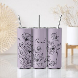 Custom Name Floral Stainless Steel Tumbler, Elegant Women Tumbler With Straw, Customizable Design Aesthetic Insulated Tumbler, Gift For Her