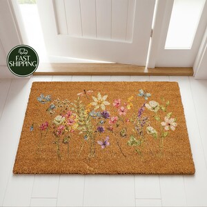 Spring Flowers Coir Doormat, Floral Front Porch Mat, Watercolor Wildflowers Home Decor, Housewarming Gift, New Home Entrance Flormat