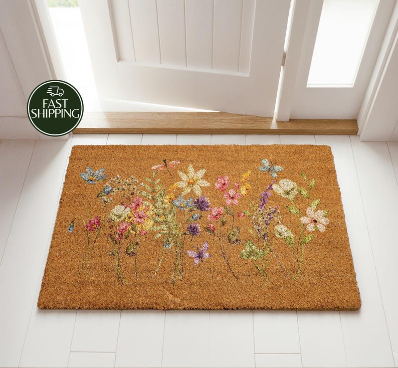 Spring Flowers Coir Doormat, Floral Front Porch Mat, Watercolor Wildflowers Home Decor, Housewarming Gift, New Home Entrance Flormat