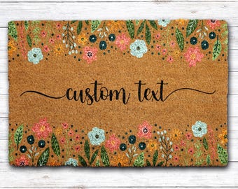 Custom Text Wildflowers Welcome Mat, Personalized Colorful Floral Doormat, Spring & Summer Front Porch Decor, Cute Housewarming Gift