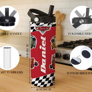 Customizable Pixar Cars Inspired Tumbler With Foldable Straw, Disney McQueen Checkered School Water Bottle, Wdw First Day Of School Gift Cup