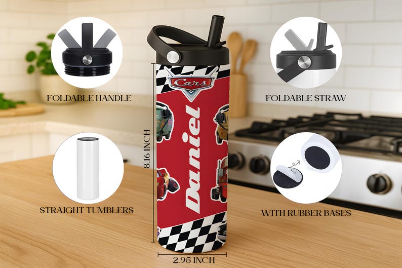 Customizable Pixar Cars Inspired Tumbler With Foldable Straw, Disney McQueen Checkered School Water Bottle, Wdw First Day Of School Gift Cup