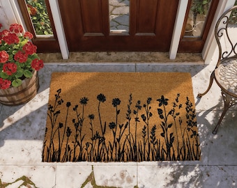 Wildflowers Silhouette Welcome Mat, Black Floral Natural Coir Doormat, Eco Friendly Front Porch Mat, Dark Cottage Core Housewarming Gift