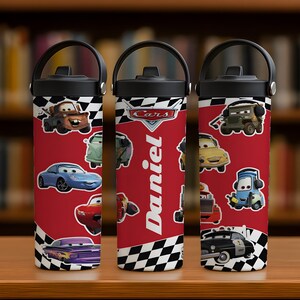 Customizable Pixar Cars Inspired Tumbler With Foldable Straw, Disney McQueen Checkered School Water Bottle, Wdw First Day Of School Gift Cup