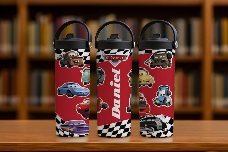 Customizable Pixar Cars Inspired Tumbler With Foldable Straw, Disney McQueen Checkered School Water Bottle, Wdw First Day Of School Gift Cup