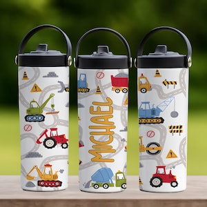 May include: Three insulated water bottles with black lids and handles. The bottles are white with a repeating pattern of construction vehicles, road signs, and roads. The middle bottle has the name "MICHAEL" in orange.
