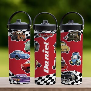 Customizable Pixar Cars Inspired Tumbler With Foldable Straw, Disney McQueen Checkered School Water Bottle, Wdw First Day Of School Gift Cup