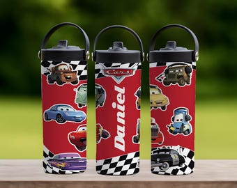 Customizable Car Cartoon Tumbler With Foldable Straw, Racing Checkered School Water Bottle, Boys First Day Of School Gift Cup