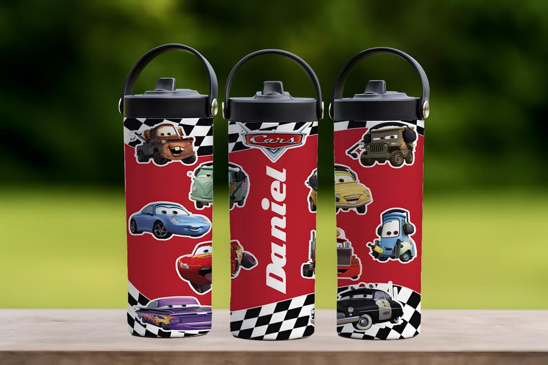 Customizable Pixar Cars Inspired Tumbler With Foldable Straw, Disney McQueen Checkered School Water Bottle, Wdw First Day Of School Gift Cup