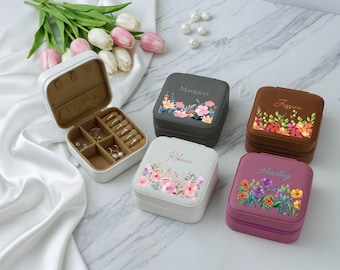 Custom Name Floral Jewelry Box, Nature Lover Travel Accessory Box, Vegan Leather Jewelry Organizer, Personalized Holiday Gift For Her