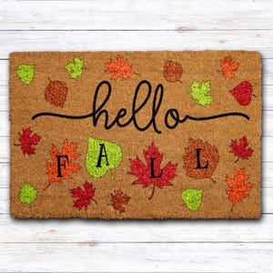 Hello Fall Doormat, Autumn Leaves Welcome Mat, Cute Seasonal Home Decor, Thanksgiving Housewarming Gift, Fall Harvest Front Porch Coco Rug
