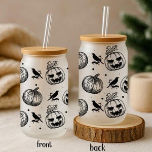 Jack-O-Lantern And Crow Pattern Can Glass Tumbler, Scary Halloween Pumpkin Design Iced Coffee Cup, Pumpkin Season Festive Reusable Glass Cup