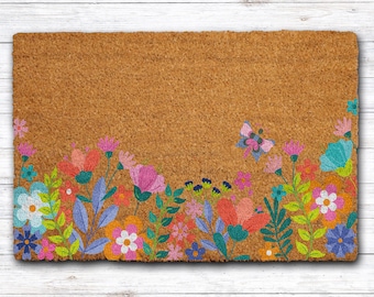 Wildflower Welcome Mat, Colorful Floral Doormat, Vibrant Garden Decor, Spring Front Porch Rug, Butterfly and Flowers Home Entrance Floor Mat