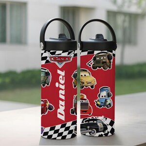 Customizable Pixar Cars Inspired Tumbler With Foldable Straw, Disney McQueen Checkered School Water Bottle, Wdw First Day Of School Gift Cup