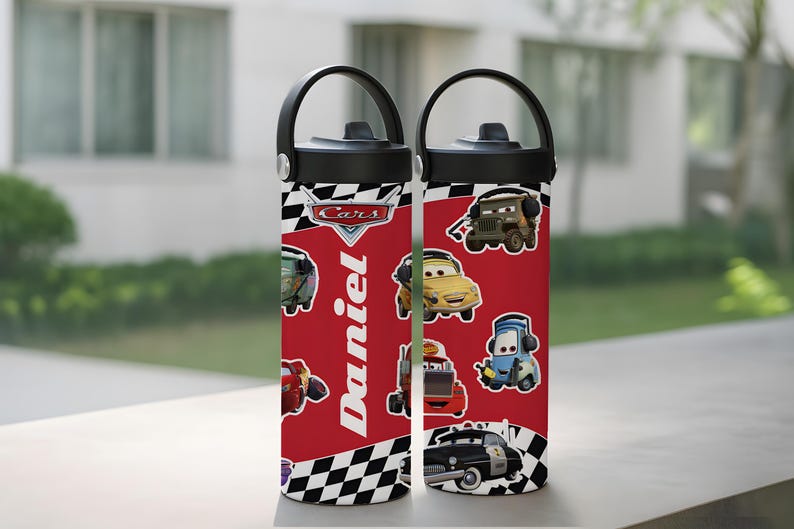Customizable Pixar Cars Inspired Tumbler With Foldable Straw, Disney McQueen Checkered School Water Bottle, Wdw First Day Of School Gift Cup