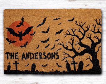 Personalized Spooky Graveyard Halloween Welcome Mat, Custom Family Name Blood Moon Doormat, Gothic Cemetery Holiday Decor, Halloween Gift