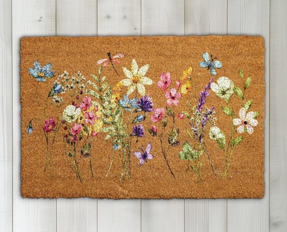 Spring Flowers Coir Doormat, Floral Front Porch Mat, Watercolor Wildflowers Home Decor, Housewarming Gift, New Home Entrance Flormat