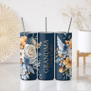 Personalized Aesthetic Grandma Stainless Steel Tumbler, Water Color Flower Bouquet Design Insulated Tumbler, Grandma Birthday Gift Tumbler