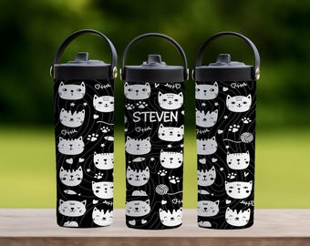 Cute Cat Faces Pattern Tumbler With Foldable Straw, Personalized Cat Lover Kids Water Bottle, Cat Family Gift For Children, Cat Owner Gift
