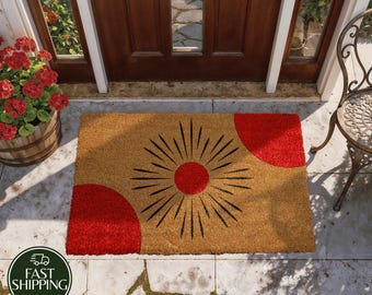 Modern Sunburst Welcome Mat, Abstract Sun Illustration Doormat, Aesthetic Mid-Century New Home Gift