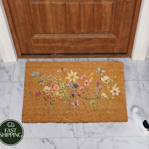 Spring Flowers Coir Doormat, Floral Front Porch Mat, Watercolor Wildflowers Home Decor, Housewarming Gift, New Home Entrance Flormat