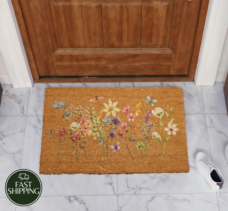 Spring Flowers Coir Doormat, Floral Front Porch Mat, Watercolor Wildflowers Home Decor, Housewarming Gift, New Home Entrance Flormat
