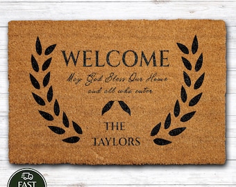 Personalized May God Bless Our Home Doormat, Custom Family Name Welcome Mat, Religious New Home Gift