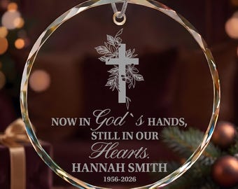 Personalized Christian Memorial Ornament, Still In Our Hearts Quote Remembrance Keepsake, Cross Design Glass Bauble, Custom Sympathy Gift