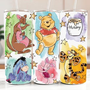 Water Color Winnie The Pooh And Friends Tumbler With Straw, Disney Pooh Bear Steel Water Bottle, Magic Kingdom Kids Trip Insulated Tumbler