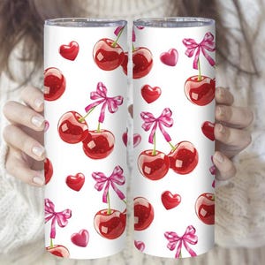 Sweet Cherry Tumbler, Cute Fruit Love Cup, Red Cherries With Pink Bows Steel Mug, Kawaii Cherry Hearts Travel Mug, Sublimation Stainless Mug