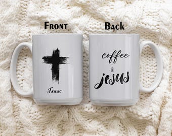 Custom Name Coffee & Jesus Ceramic Mug, Personalized Religious Coffee Cup, Inspirational Faithful Drinkware, Christian Mug Gifts With Cross