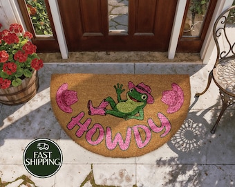 Pink Howdy Welcome Mat, Cowboy Hat Frog Semi Circle Doormat, Funny Western Housewarming Gift