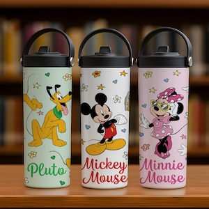 Mickey & Friends Fan Tumbler With Foldable Straw, Disney Kids Retro Steel Water Bottle, Disneyland Trip Floral Cup, Magic Kingdom Gift
