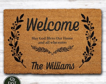 Custom Family Name Religious Doormat, Personalized Christian Welcome Mat, Faithful Housewarming Gift