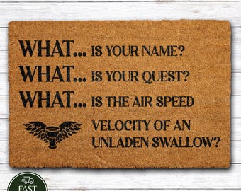 What Is Your Quest Doormat, Funny Medieval Welcome Mat, Velocity Of An Unladen Swallow Home Decor, Nerdy Housewarming Gift, Movie Lover Gift