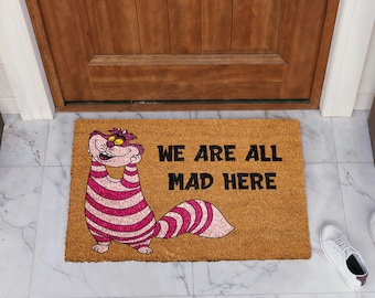 Disney We Are All Mad Here Doormat, Cheshire Cat Design Welcome Mat, Alice In Wonderland Home Decor, Magic Kingdom Housewarming Gift