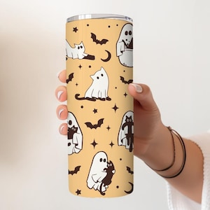Halloween-Geist-Katzen-Thema Thermobecher, gruselige Saison niedliche schwarze Katze und Fledermäuse Becher, Kürbis-Saison Katzenliebhaber Geschenk Becher mit Strohhalm