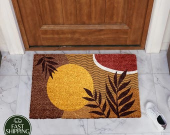 Abstract Sun Design Coir Doormat, Geometric Minimalist Welcome Mat, Mid Century Modern Door Entryway Decor, Neutral Earth Tone Boho Gift
