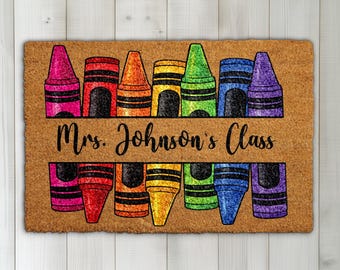Personalized Teacher Name Doormat, Custom Classroom Welcome Mat, Back to School Gift, Teacher Appreciation Decor, Crayon Design Door Mat