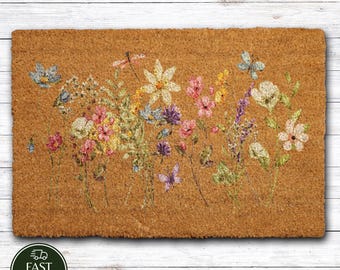 Spring Flowers Coir Doormat, Floral Front Porch Mat, Watercolor Wildflowers Home Decor, Housewarming Gift, New Home Entrance Flormat